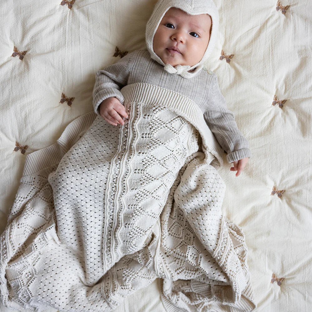 CAM CAM - Plaid Bébé En Tricot Pointelle - Gots - Blanc Cassé