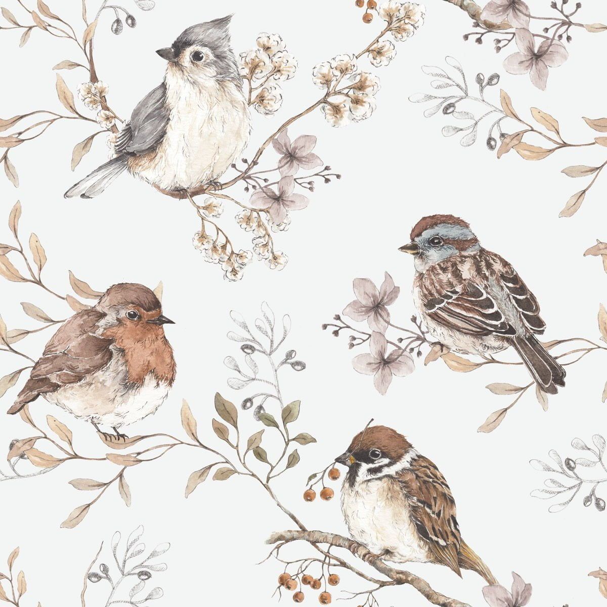 DEKORNIK - Papier Peint Pour Enfants Blanc - gris Oiseaux