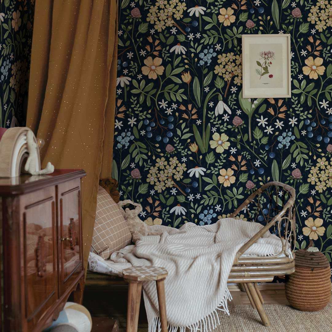 DEKORNIK - Papier Peint Pour Enfants Bleu Marine Champ De Fleurs