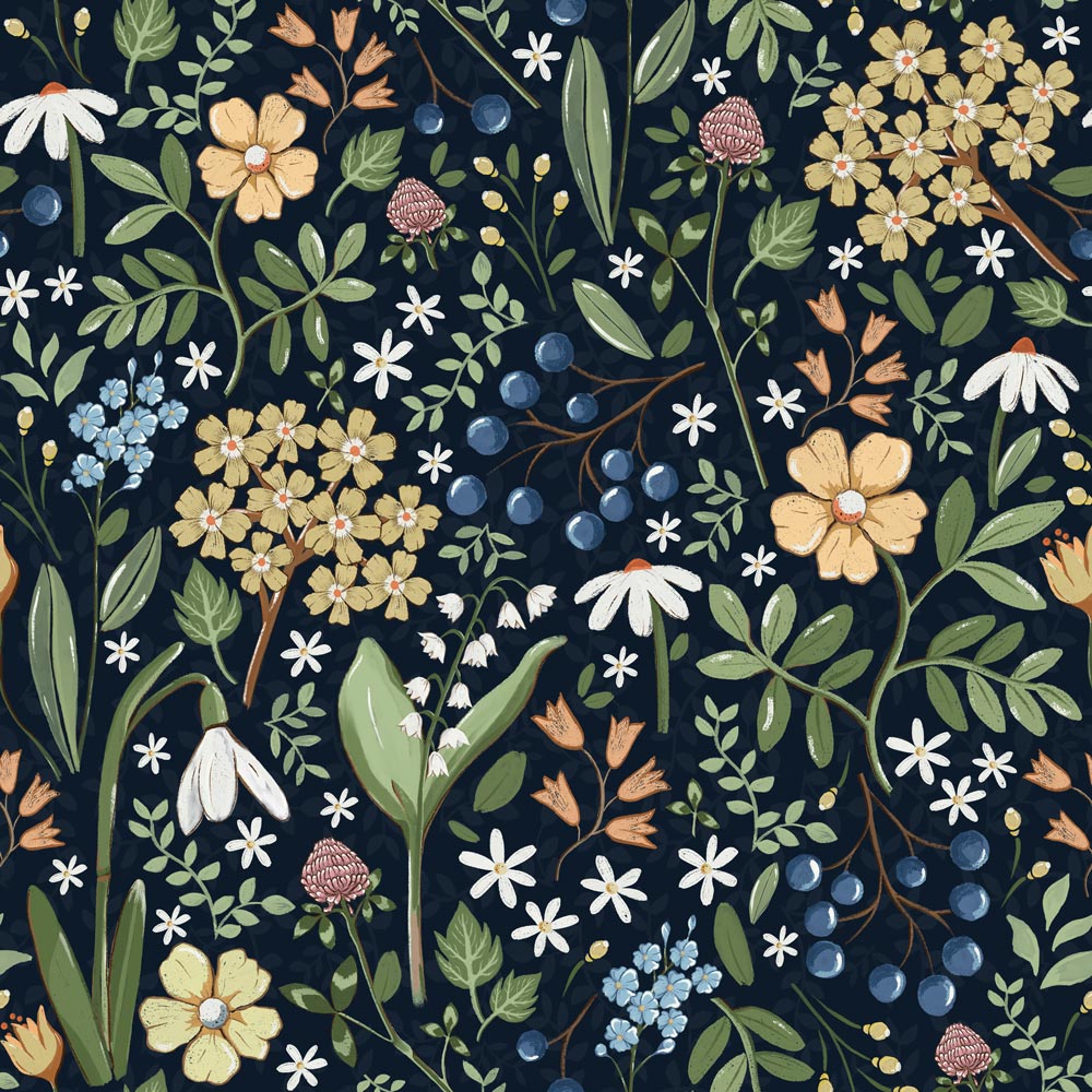 DEKORNIK - Papier Peint Pour Enfants Bleu Marine Champ De Fleurs