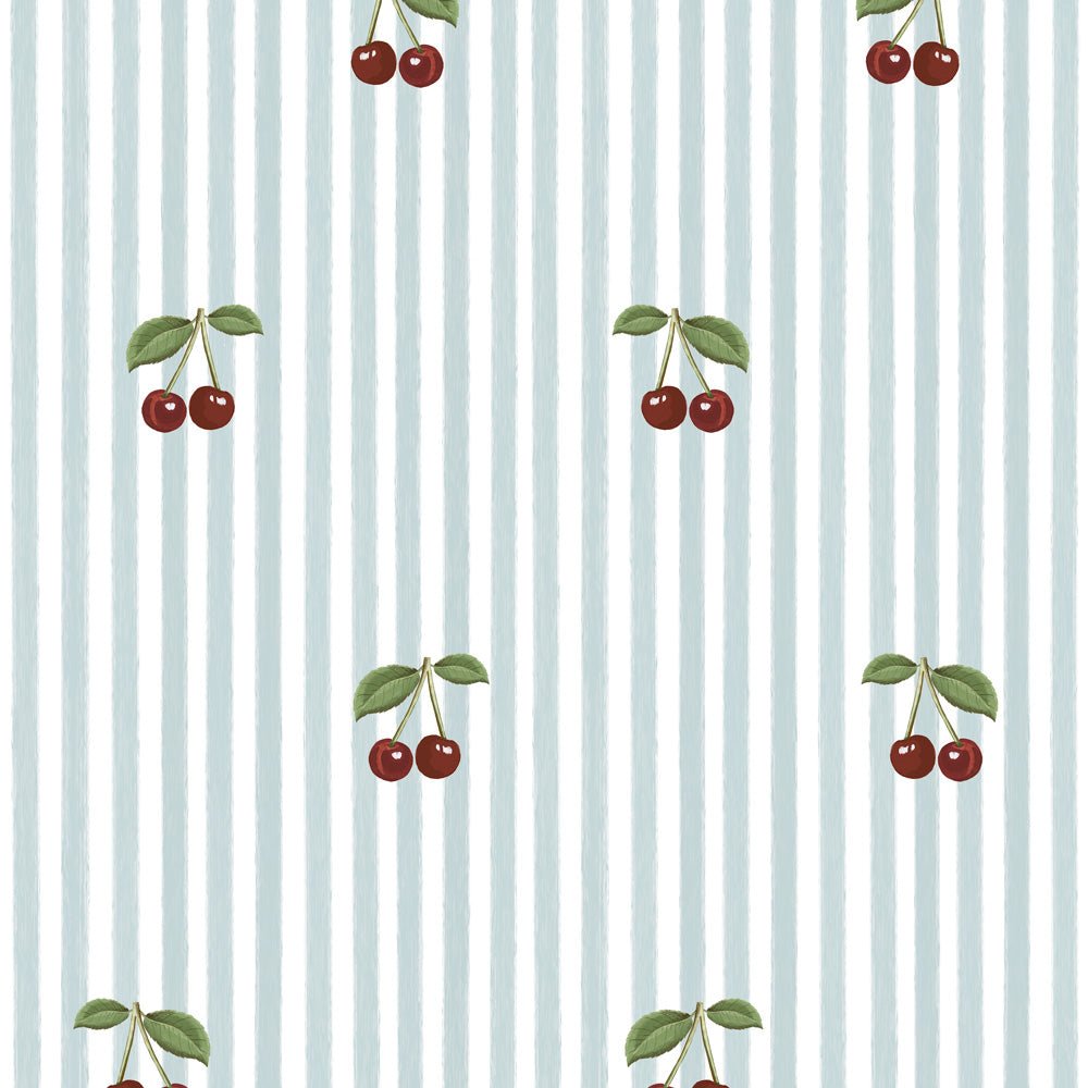 DEKORNIK - Papier Peint Pour Enfants Petites Cerises Sur Rayures Bleues