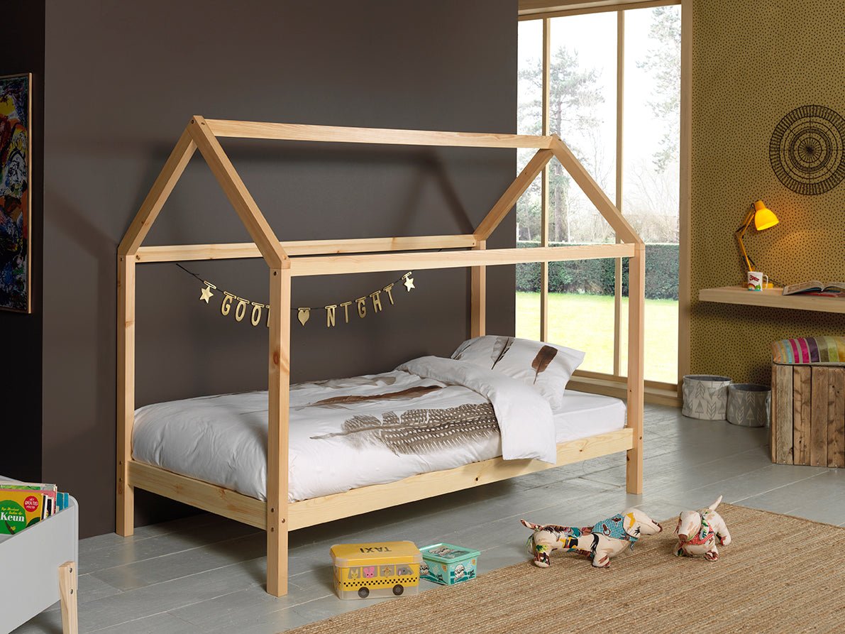 VIPACK - Lit Cabane DALLAS 90x200cm Naturel Avec Matelas