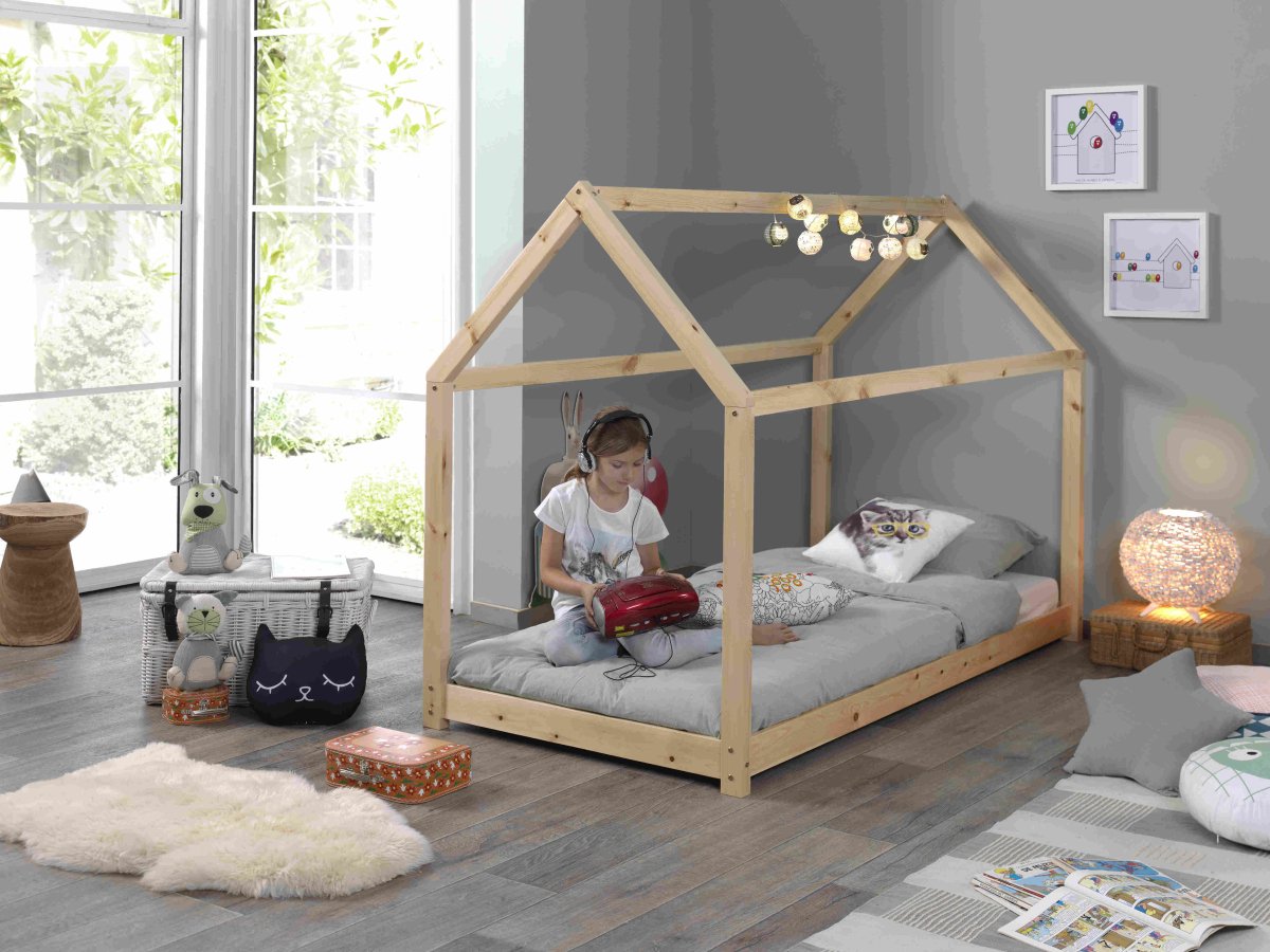 VIPACK - Lit Cabane Bois Naturelle Avec Matelas 90 x 200 cm