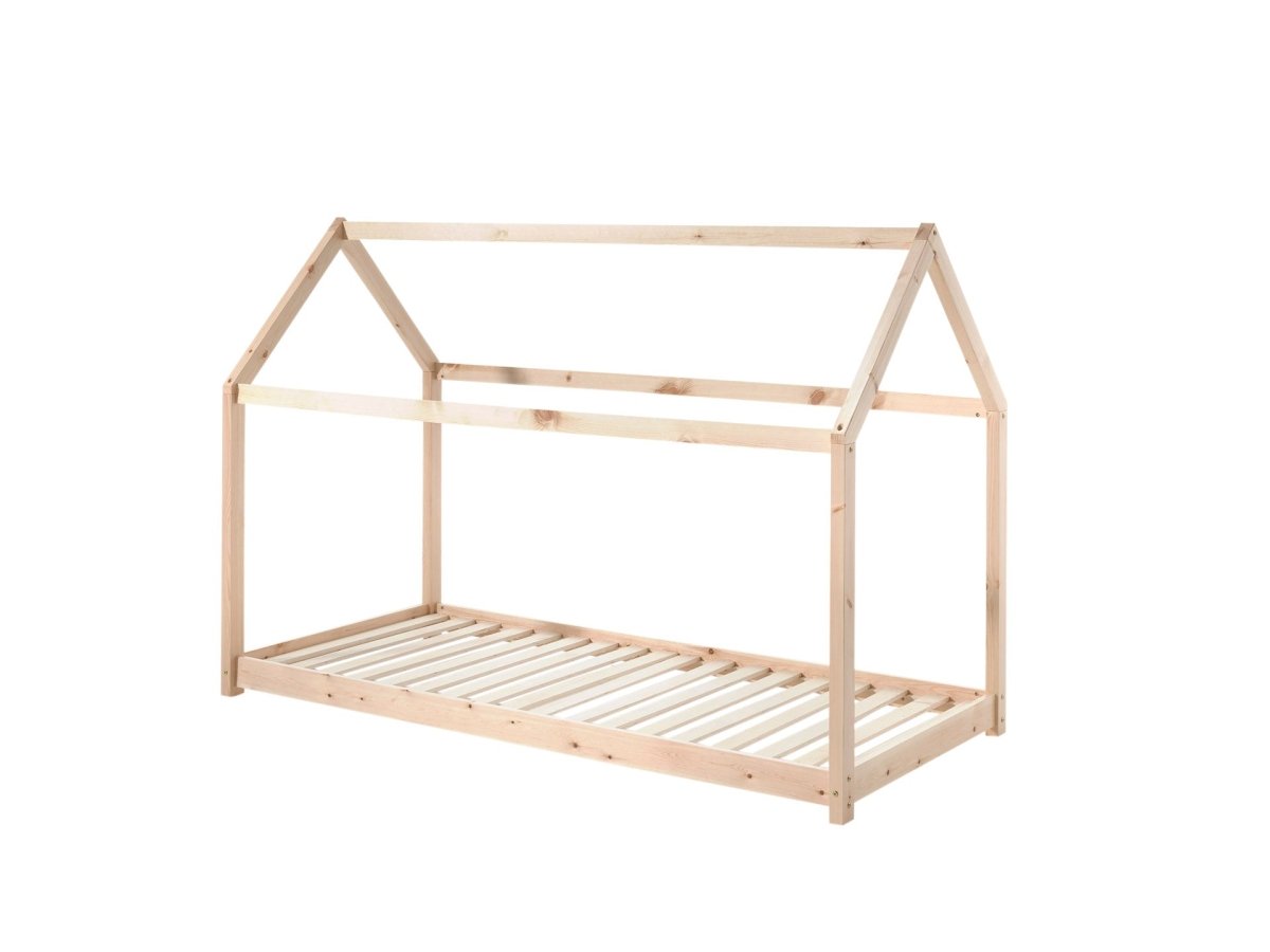 VIPACK - Lit Cabane Bois Naturelle Avec Matelas 90 x 200 cm