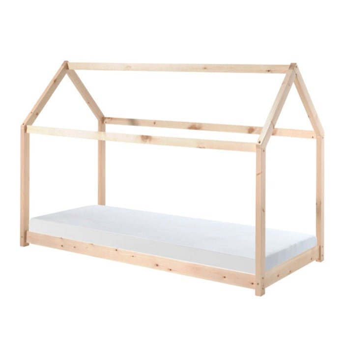 VIPACK - Lit Cabane Bois Naturelle Avec Matelas 90 x 200 cm