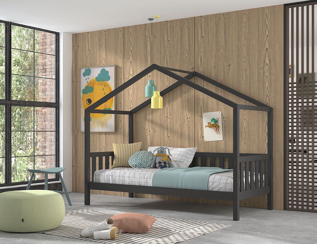 VIPACK - Lit Cabane Dallas Anthracite Avec Grille 90 x 200 cm