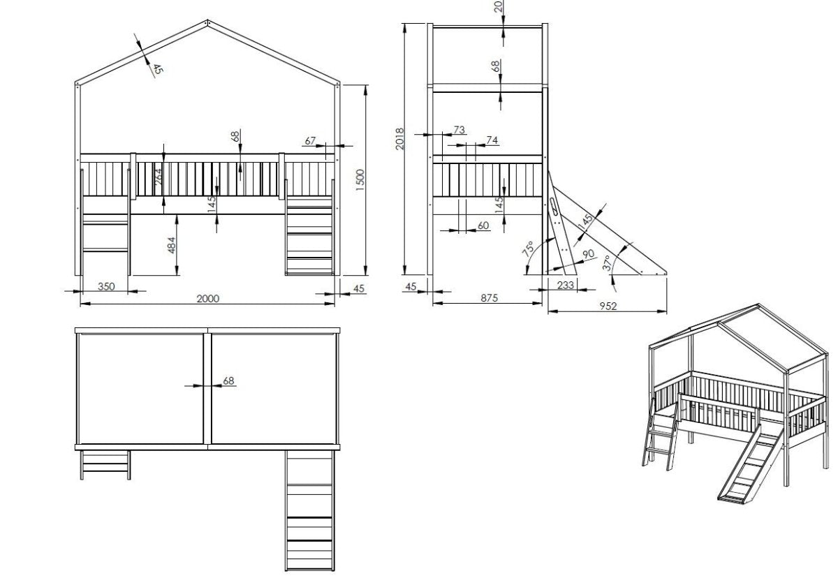 VIPACK - Lit Cabane DALLAS Avec Toboggan 90x200cm Blanc
