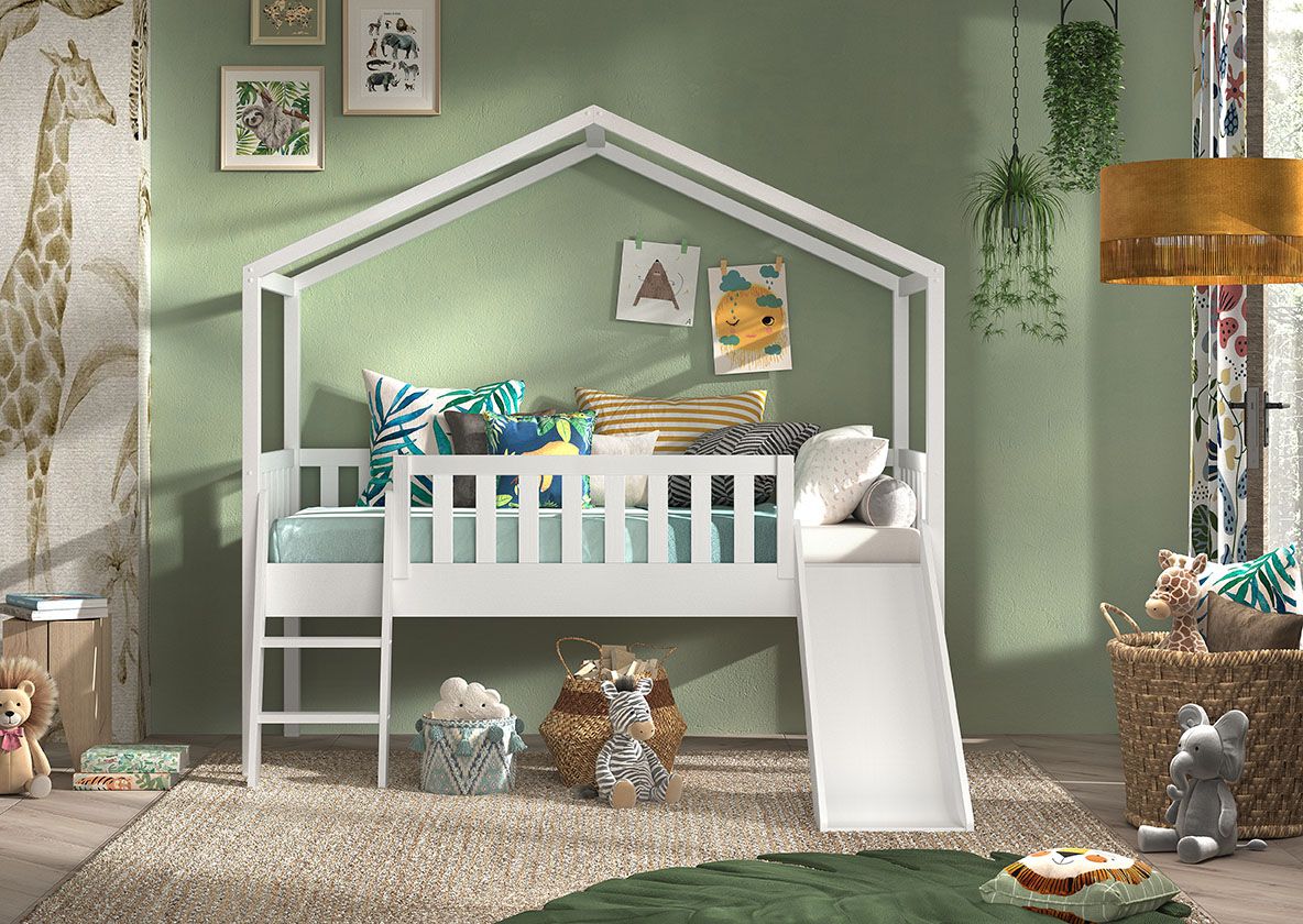 VIPACK - Lit Cabane DALLAS Avec Toboggan 90x200cm Blanc