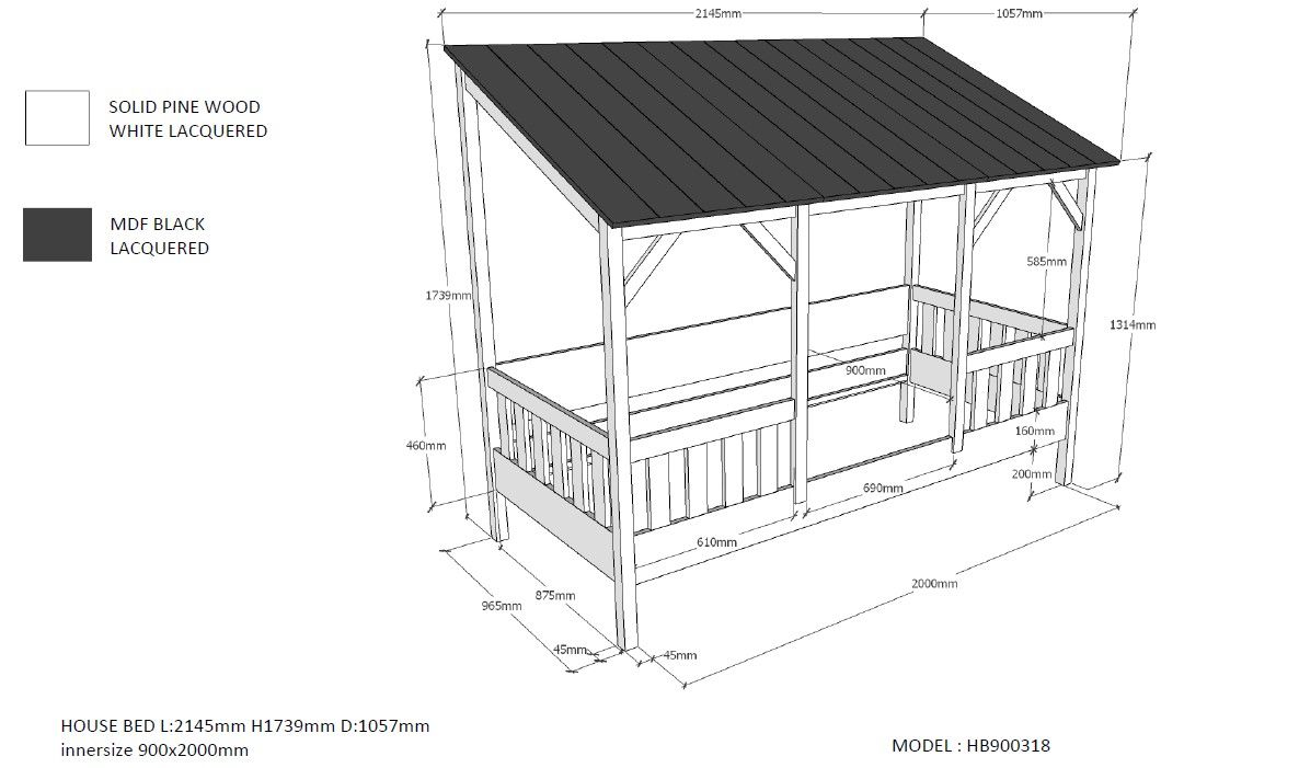 VIPACK - Lit Cabane(03) HOUSEBED 90x200cm Toit Noir