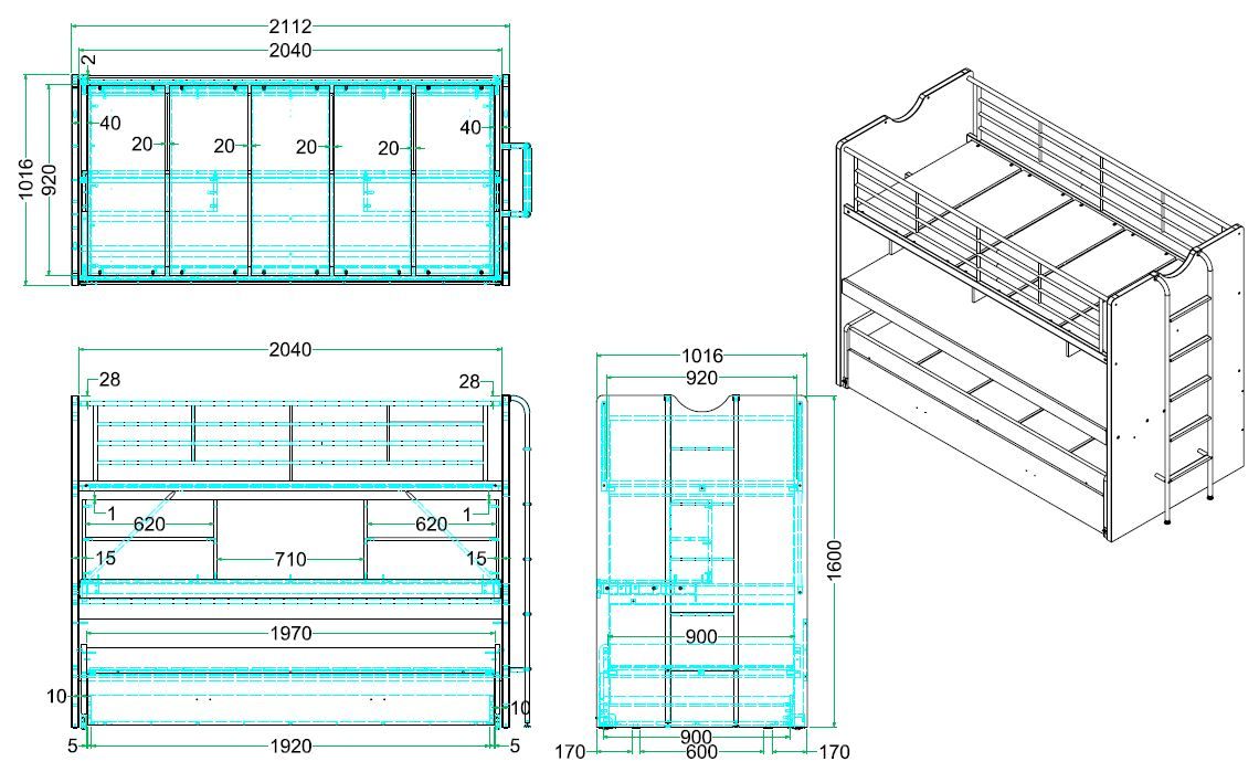 VIPACK - Lit Superposé BONNY 90 X 200 Cm Bleu