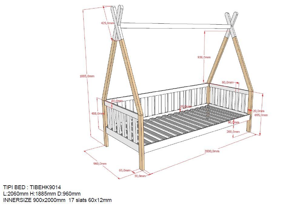 VIPACK - Lit TIPI Avec Grille 90x200 cm