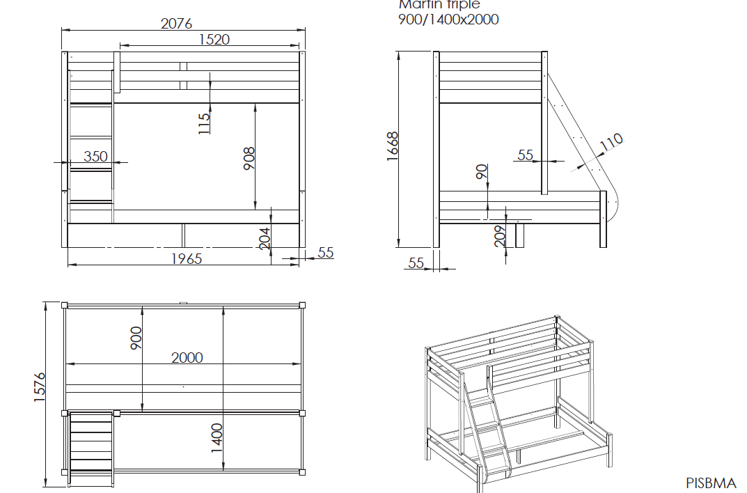 VIPACK - Lit De Famille PINO 140 x 200 cm + 90 x 200 cm Gris