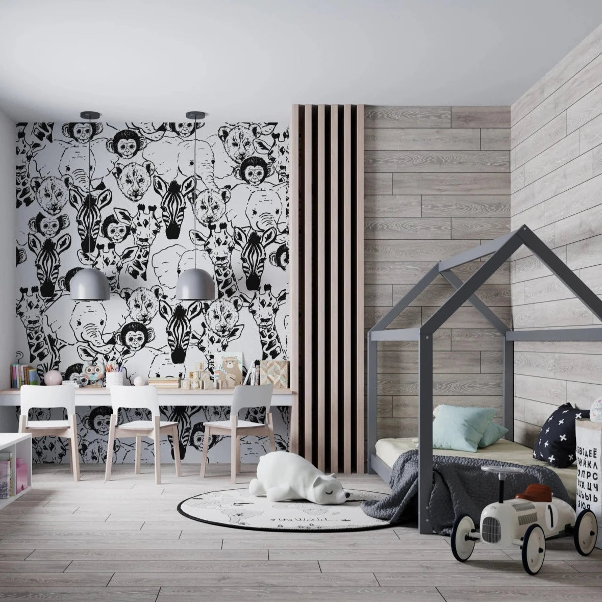 MUNKS & ME - Papier Peint Chambre Enfant à Motif Répété - Bébé Safari Animal - Noir
