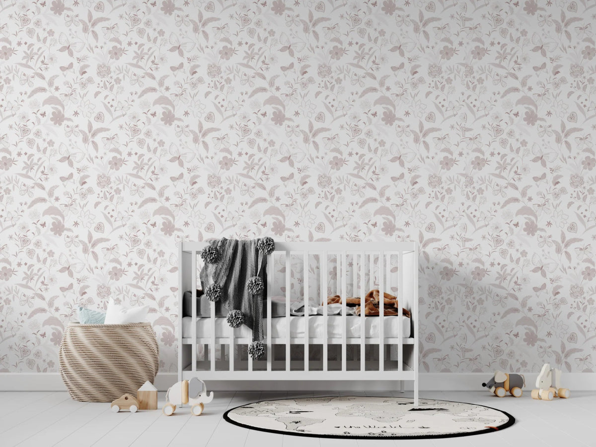 MUNKS & ME - Papier Peint Chambre Enfant à Motif Répété - De Jardin De Papillons | Rose