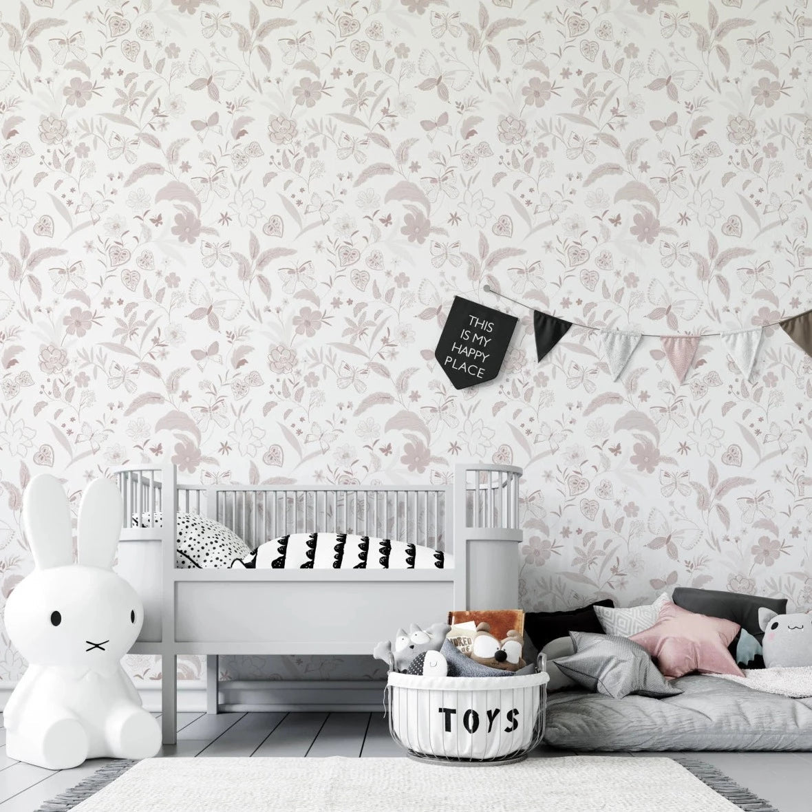 MUNKS & ME - Papier Peint Chambre Enfant à Motif Répété - De Jardin De Papillons | Rose
