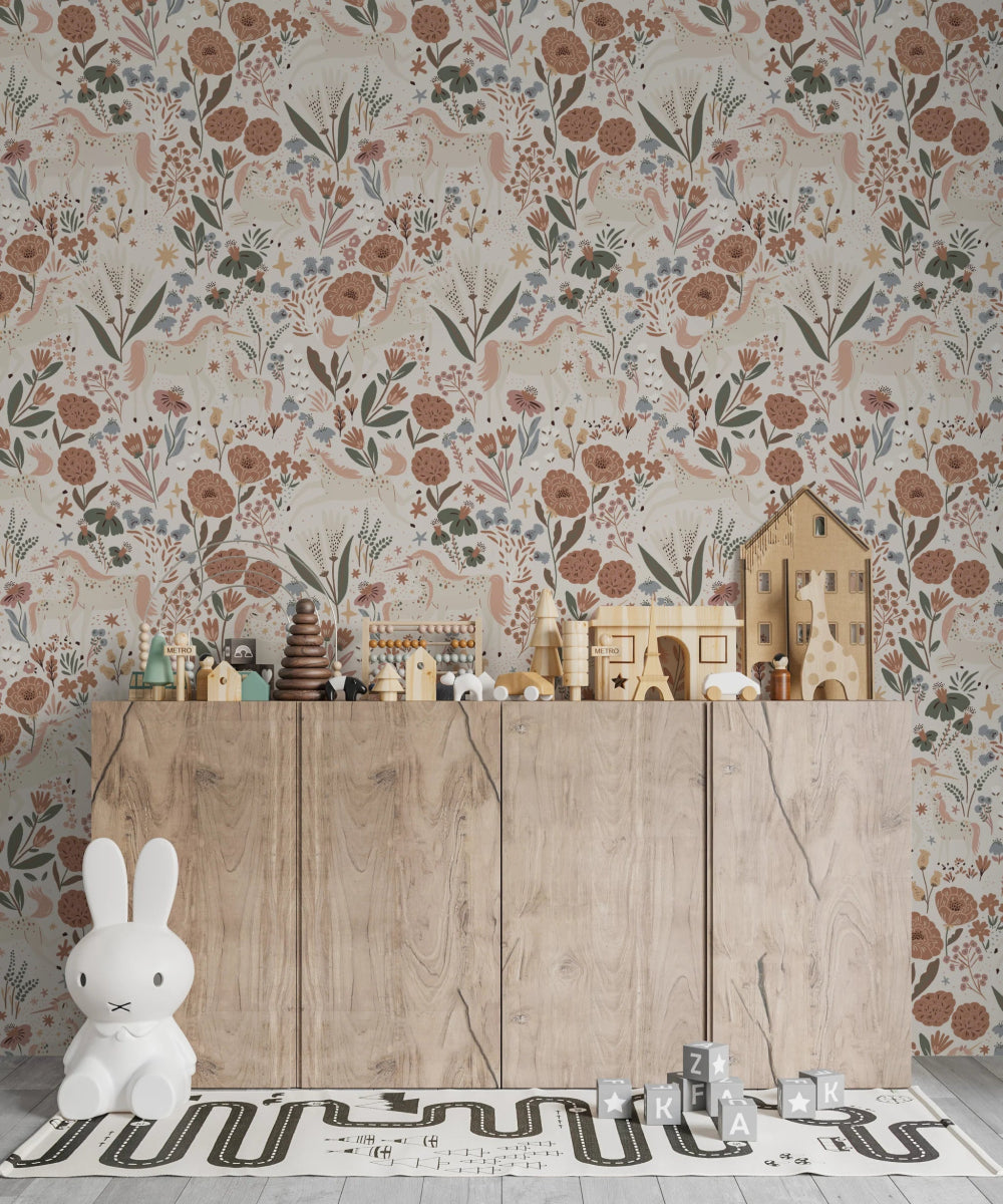 MUNKS & ME - Papier Peint Chambre Enfant à Motif Répété Unicorn Meadow - Crème