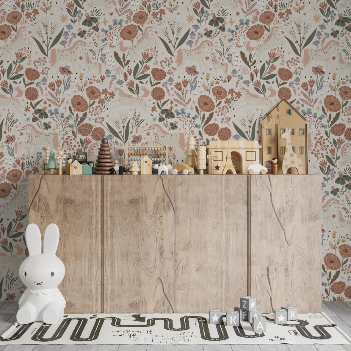 MUNKS & ME - Papier Peint Chambre Enfant à Motif Répété Unicorn Meadow - Crème