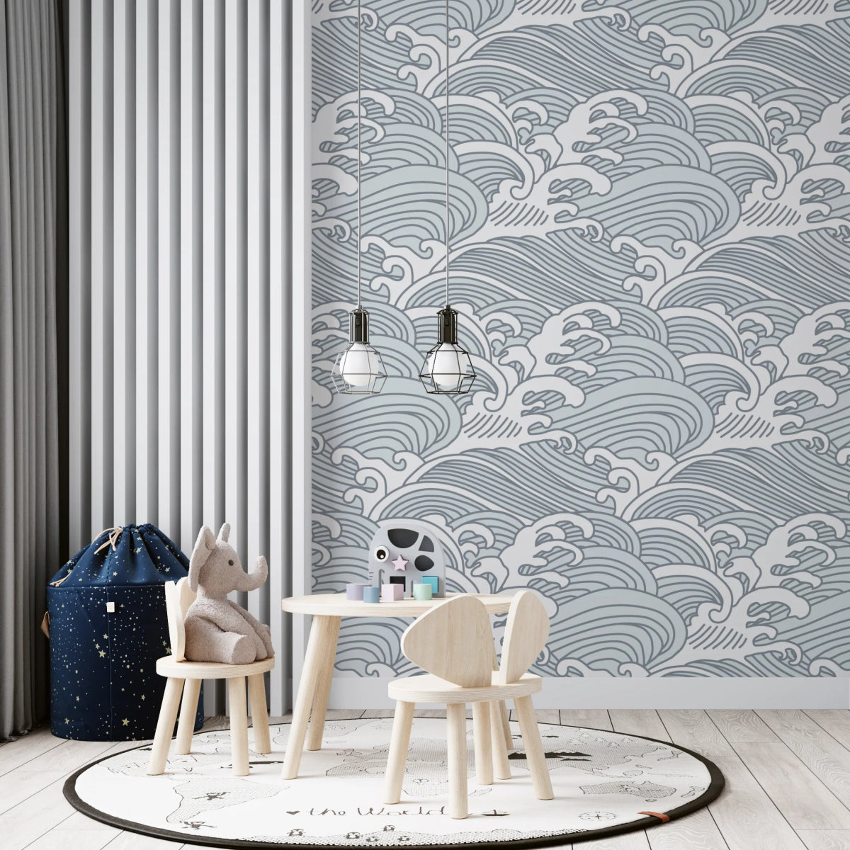 MUNKS & ME - Papier Peint Chambre Enfant à Motif Répété - Vagues Bleu