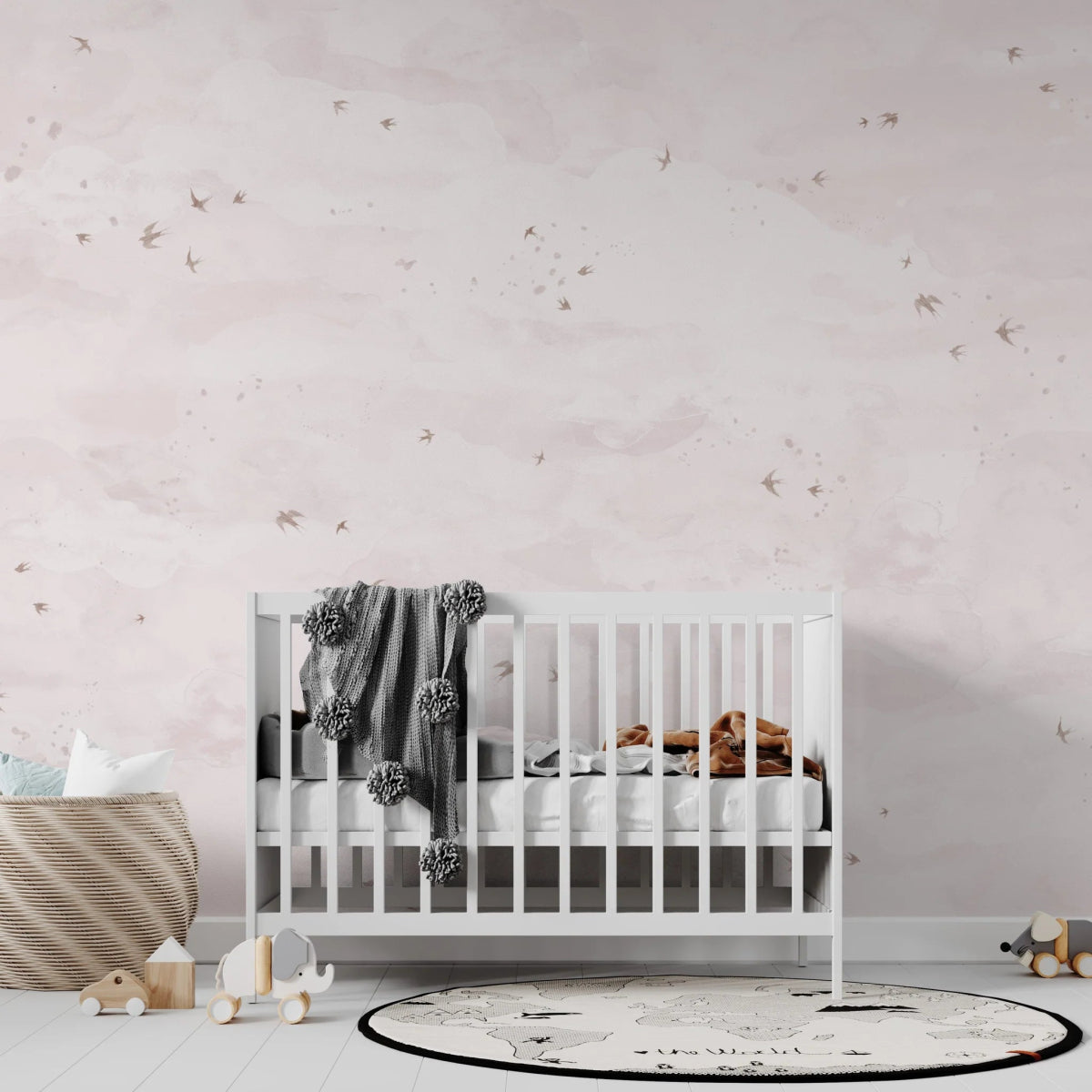 MUNKS & ME - Papier Peint Chambre Enfant Opales Ciel Oiseaux Rose