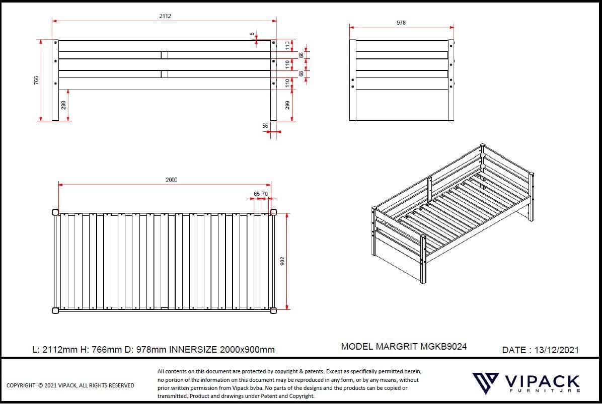 VIPACK - Lit Capitaine(90) MARGRIT 90 X 200 Cm Blanc