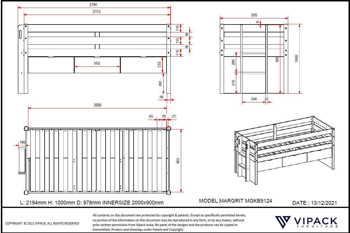 VIPACK - Lit Capitaine(91) MARGRIT 90 X 200 Cm Blanc