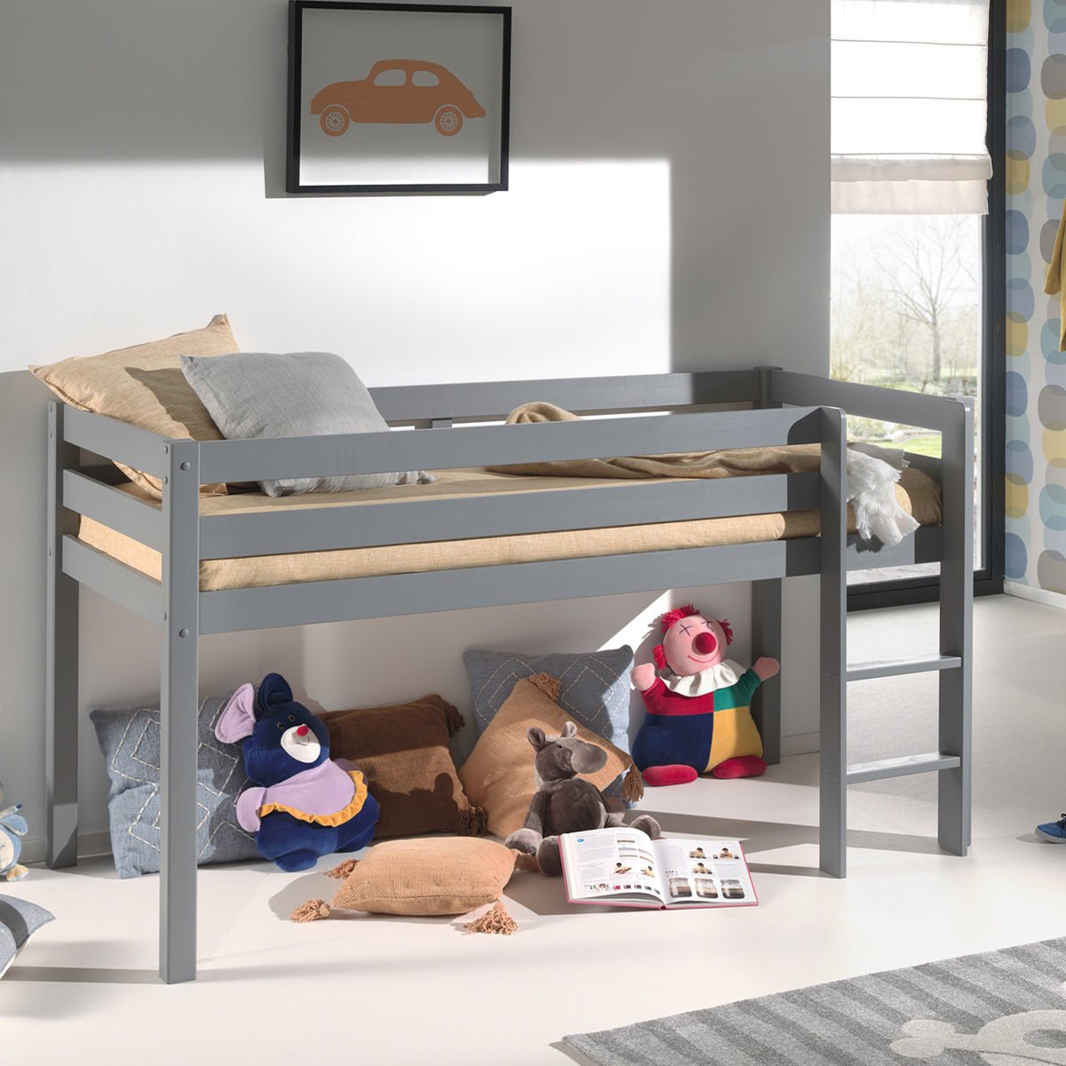 VIPACK - Lit Mi - Hauteur (H 115cm) PINO Avec Échelle 90 X 200 cm Gris