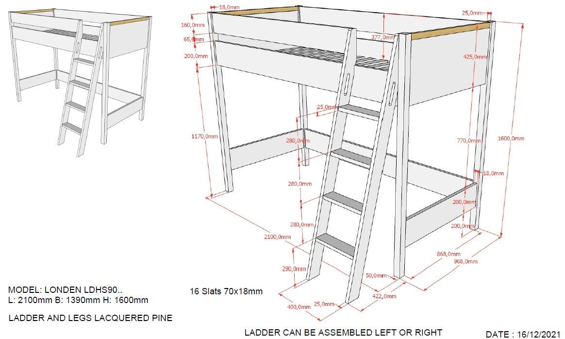 VIPACK - Lit Mezzanine LONDON Anthracite 90 X 200 Cm