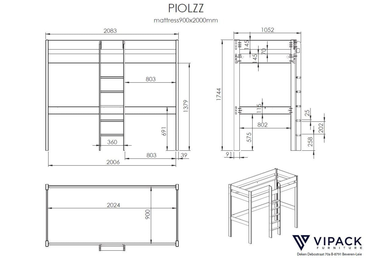 VIPACK - Lit Mezzanine PINO Sans Fauteuil 90 x 200 cm Blanc