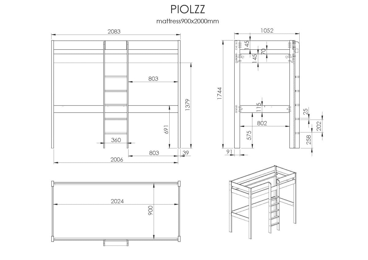 VIPACK - Lit Mezzanine PINO Sans Fauteuil 90 X 200 cm Gris