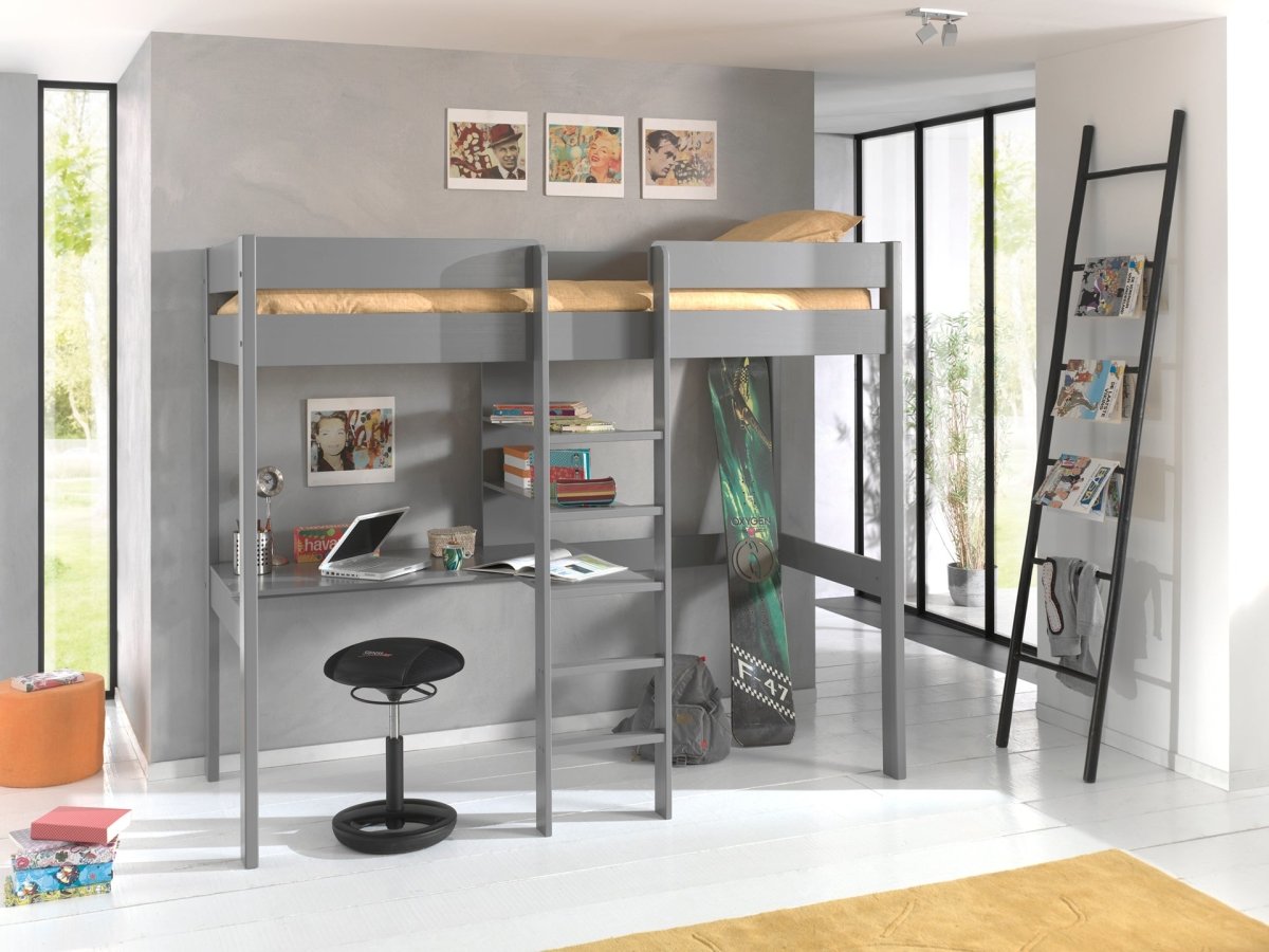 VIPACK - Lit Mezzanine PINO Sans Fauteuil 90 X 200 cm Gris