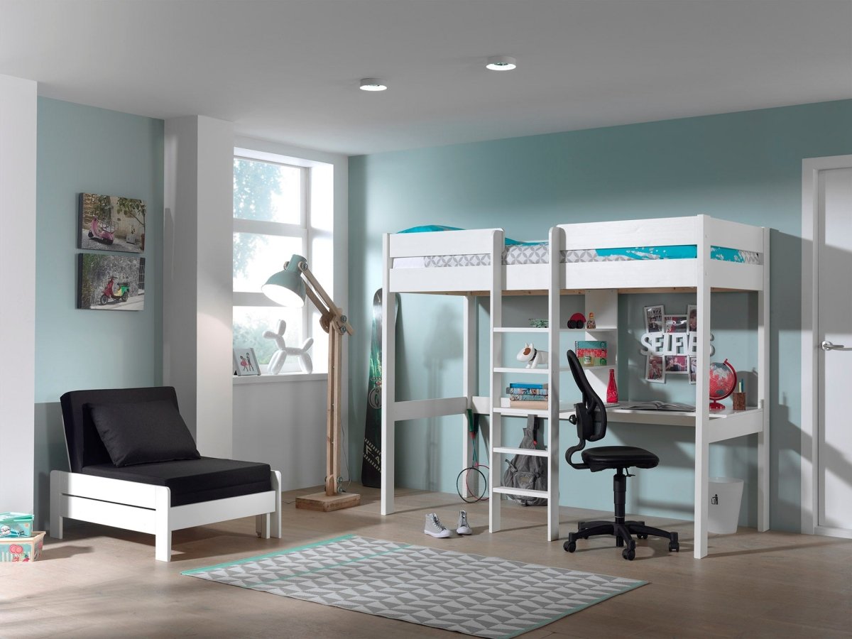 VIPACK - Lit Mezzanine PINO Avec Fauteuil 90 x 200 cm Blanc