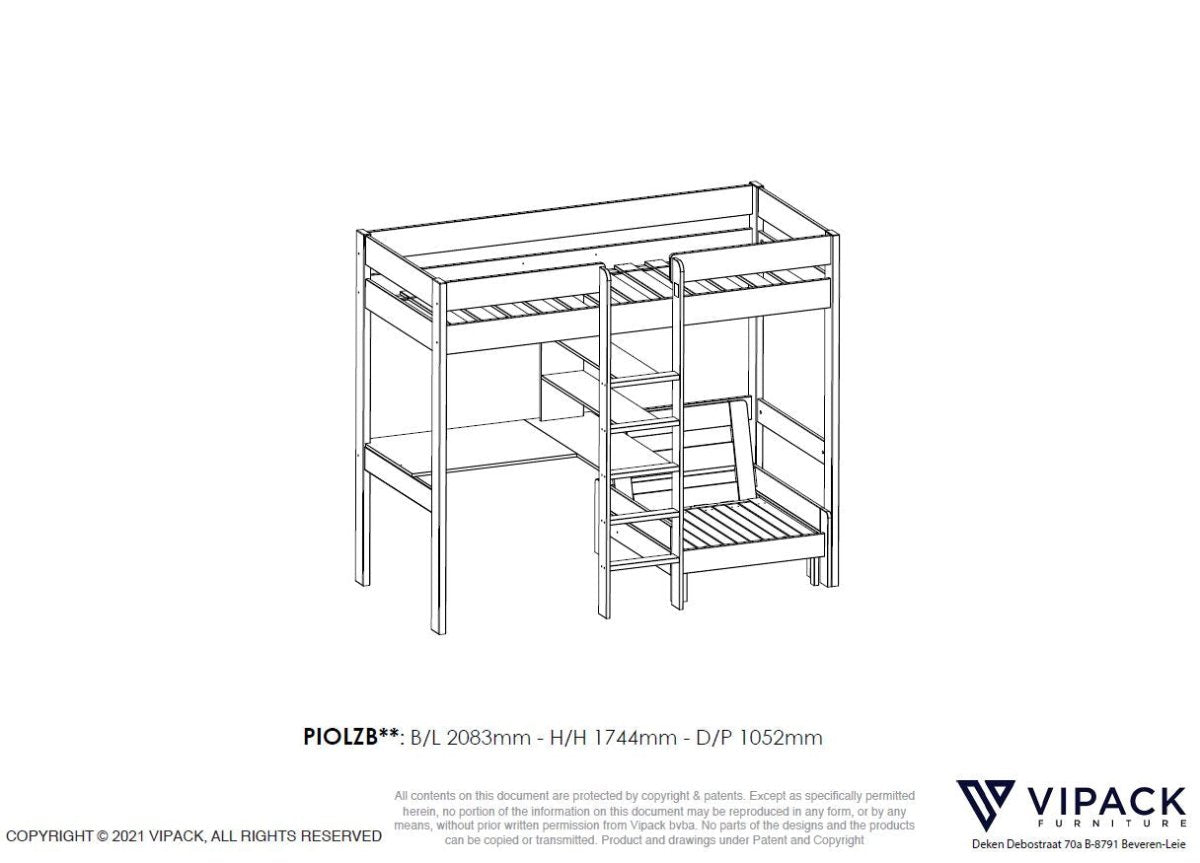 VIPACK - Lit Mezzanine PINO Avec Fauteuil 90 x 200 cm Blanc