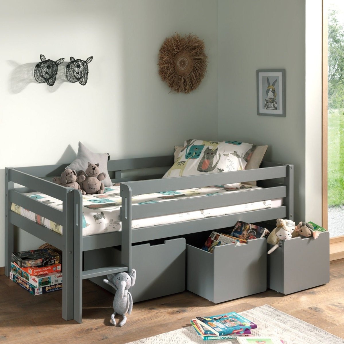 VIPACK - Lit Mi - Hauteur PINO (H 85cm) Avec Échelle 90 x 200 cm Gris