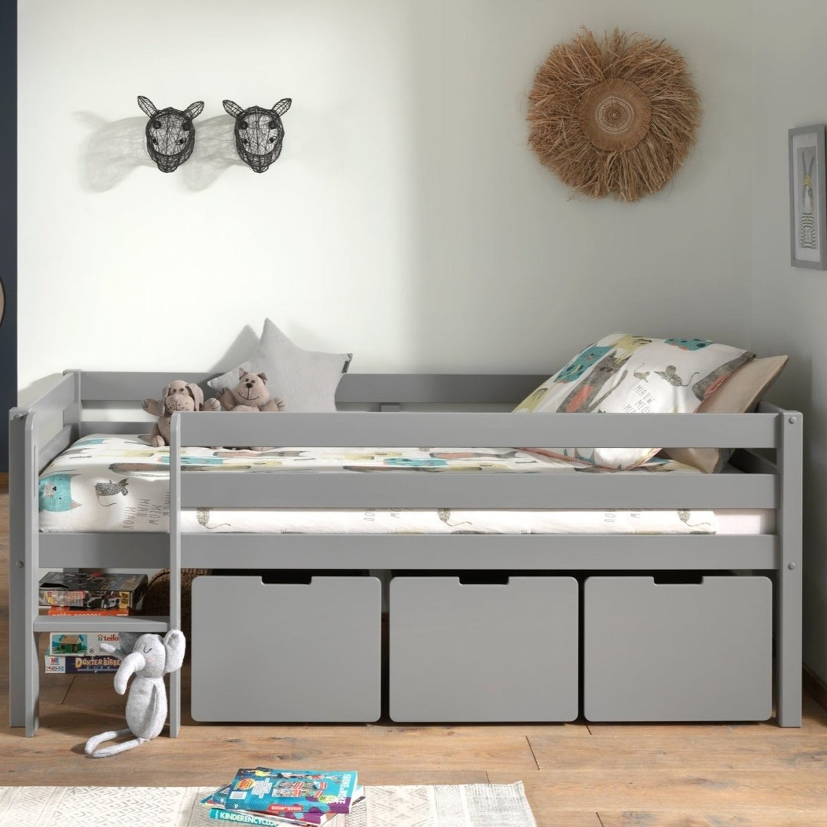 VIPACK - Lit Mi - Hauteur PINO (H 85cm) Avec Échelle 90 x 200 cm Gris