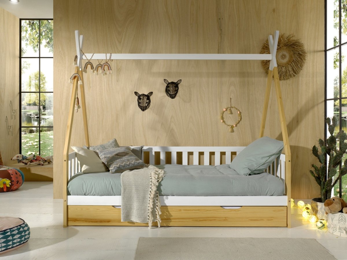 VIPACK - Lit Tipi Avec Barrière & Tiroir Gigogne Naturel 90x200cm