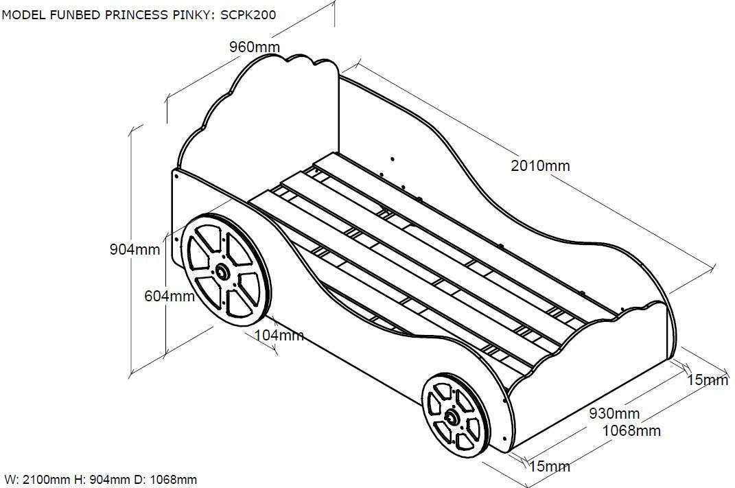 VIPACK - Lit Voiture Princess Pinky Avec Matelas 90 X 200 Cm